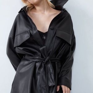 NWT Luxury Minimalist Streetwear Zara black faux leather long shirt/dress